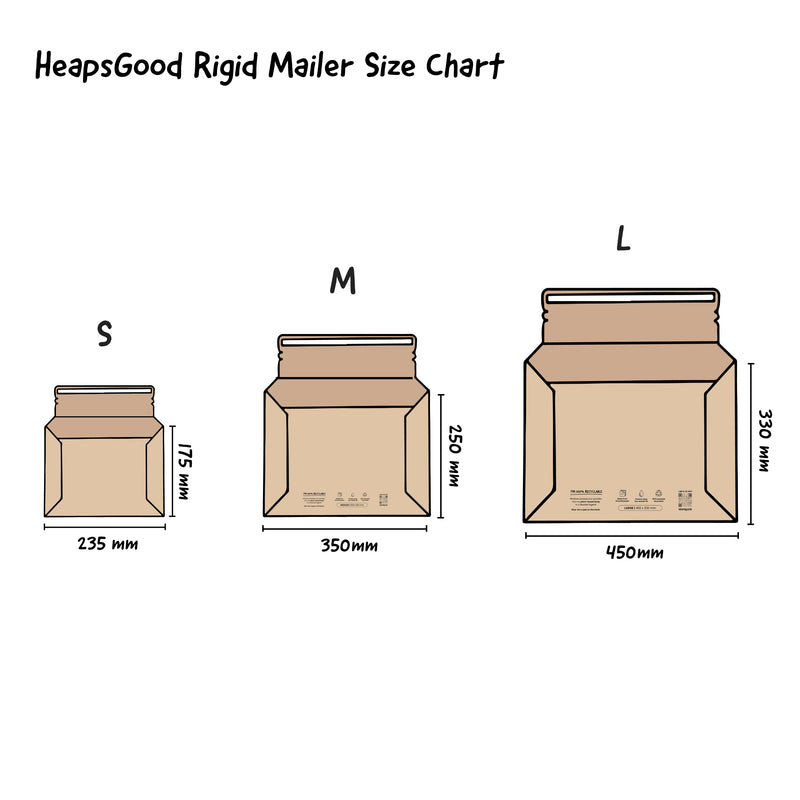 HeapsGood Rigid Mailer Size Chart. Hard Paper Mailer. Recyclable Packaging