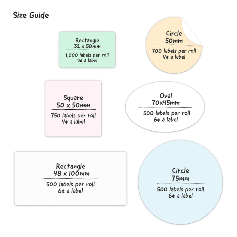 DIY Ecolabels Size Guide. Rectangle, Square, Circle, Oval customisable stickers