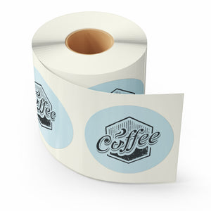 Custom Printed Ecolabels. Printed in Melbourne. Customisable Logo Stickers. Compostable Labels. Blue Sticker