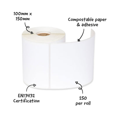 HeapsGood Ecolabel 100mm x 150mm, Compostable paper and adhesive, AS4736 Certification, 250 per roll