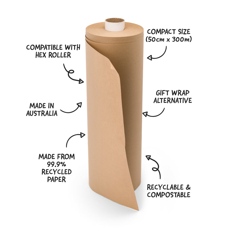 HeapsGood - Recycled Kraft Ecopaper. Compact size 300m long. Gift Wrap Alternative. Recyclable and Compostable. Made from 100% recycled paper. Made in Australia. Compatible with Hex Roller